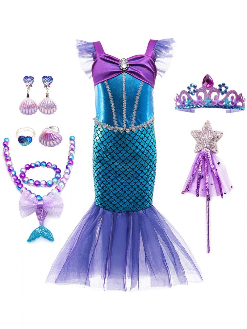 Piger Prinsesse Havfruekjole Kostume Dress Up Fødselsdagsfest Jul Cosplay Outfit Tilbehør Inkluderet Sæt