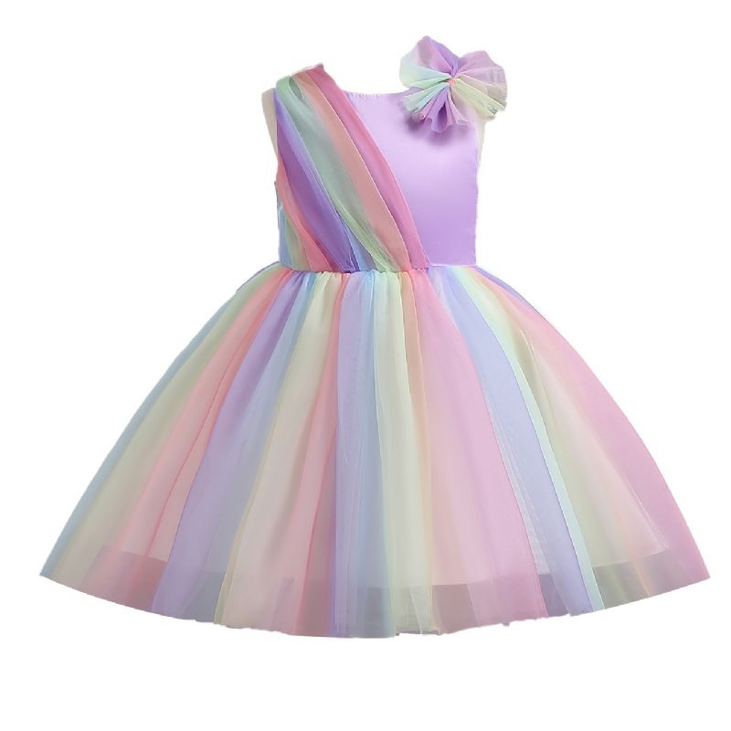 Piger Prinsesse Kjole Ærmeløs Regnbue Farve Sløjfe Mesh Blomster Dekor Tutu Performance Bryllup Til Aften Fødselsdagsfest Børn Tøj
