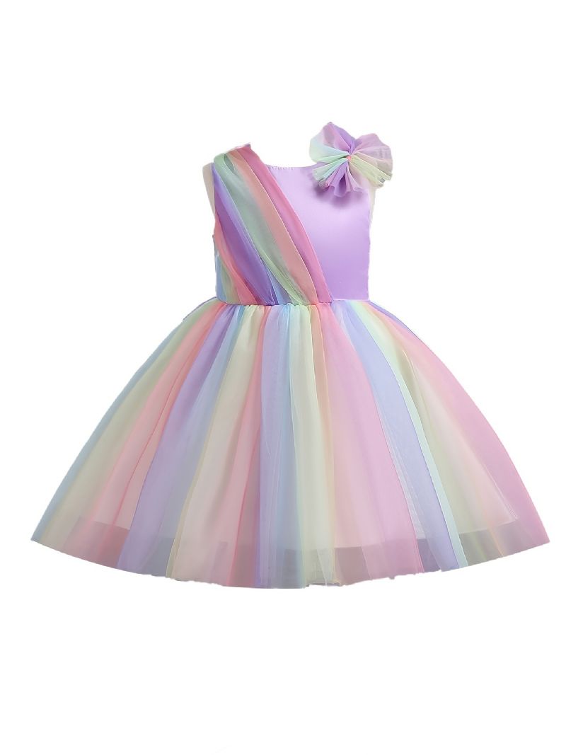 Piger Prinsesse Kjole Ærmeløs Regnbue Farve Sløjfe Mesh Blomster Dekor Tutu Performance Bryllup Til Aften Fødselsdagsfest Børn Tøj