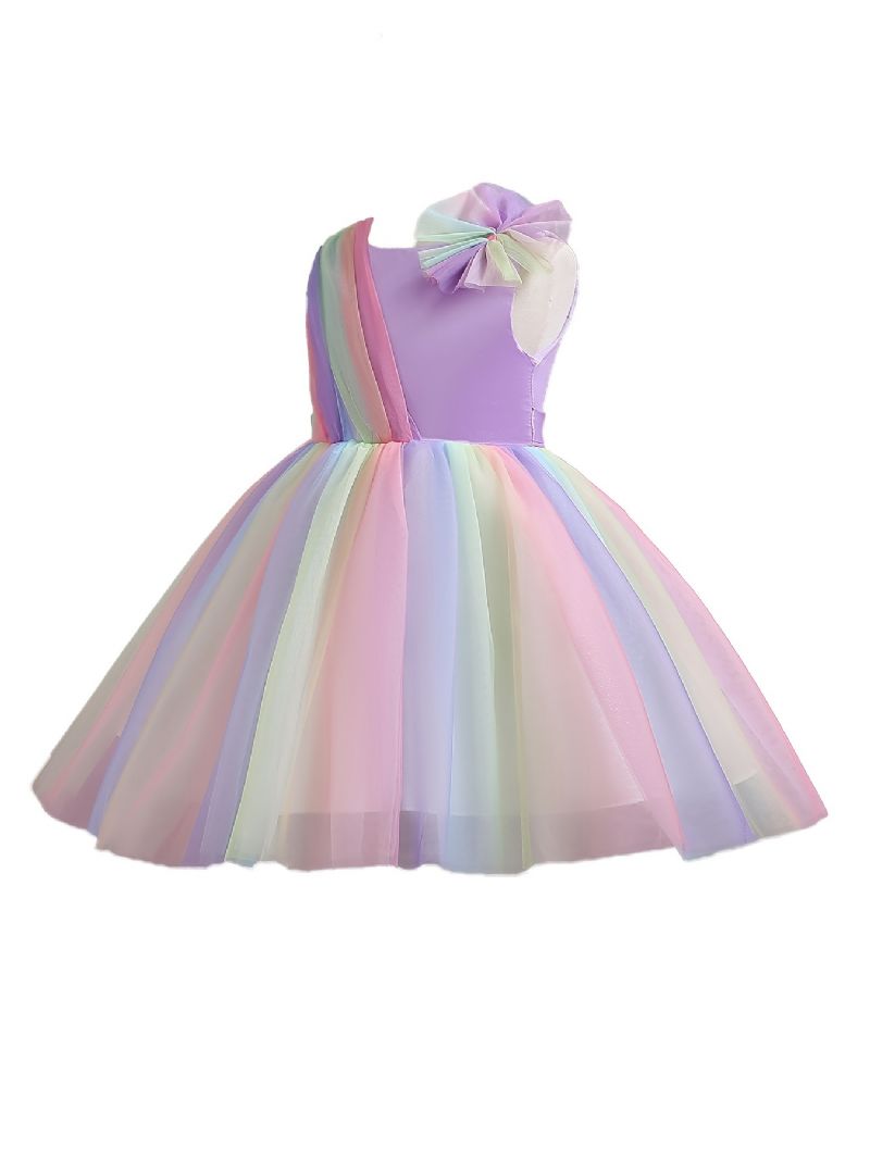Piger Prinsesse Kjole Ærmeløs Regnbue Farve Sløjfe Mesh Blomster Dekor Tutu Performance Bryllup Til Aften Fødselsdagsfest Børn Tøj