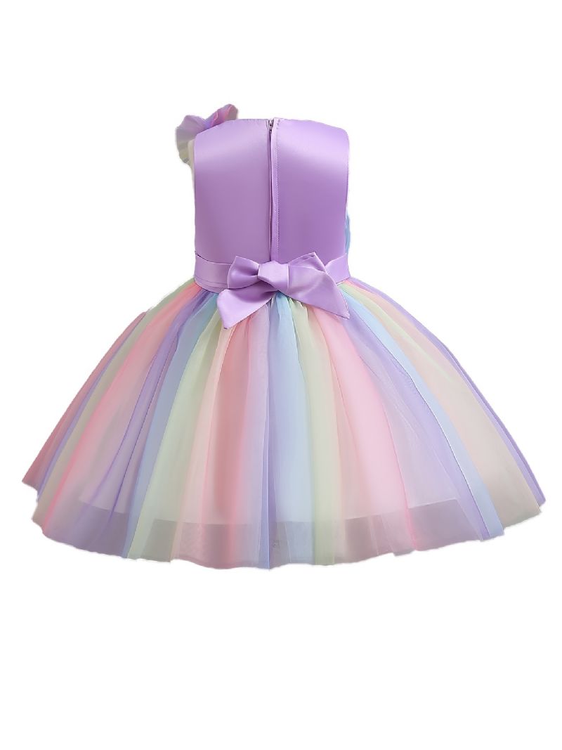 Piger Prinsesse Kjole Ærmeløs Regnbue Farve Sløjfe Mesh Blomster Dekor Tutu Performance Bryllup Til Aften Fødselsdagsfest Børn Tøj