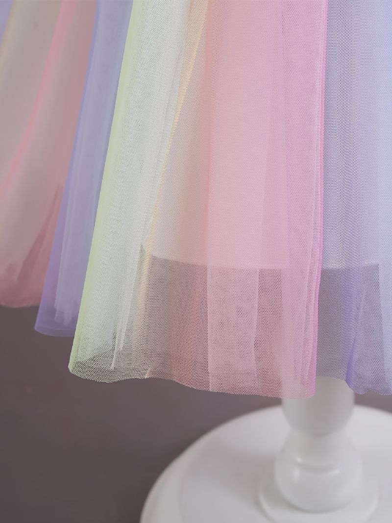 Piger Prinsesse Kjole Ærmeløs Regnbue Farve Sløjfe Mesh Blomster Dekor Tutu Performance Bryllup Til Aften Fødselsdagsfest Børn Tøj