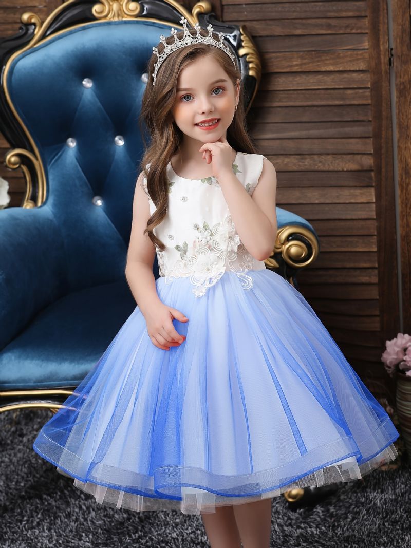 Piger Prinsesse Kjole Ærmeløse Blomster Broderi Mesh Tutu Performance Bryllup Til Aften Fødselsdagsfest Børnetøj