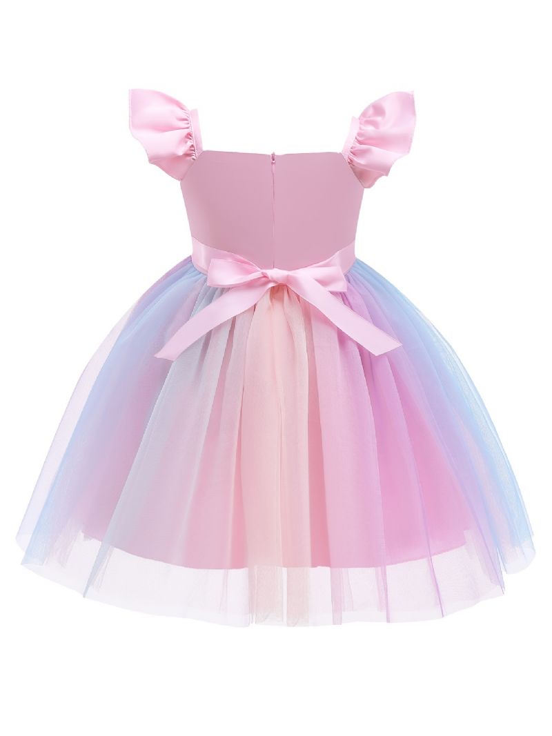 Piger Prinsesse Kjole Flueærmet Rainbow Unicorn Mesh Tutu Performance Bryllupsblomst Til Aften Fødselsdagsfest Børnetøj