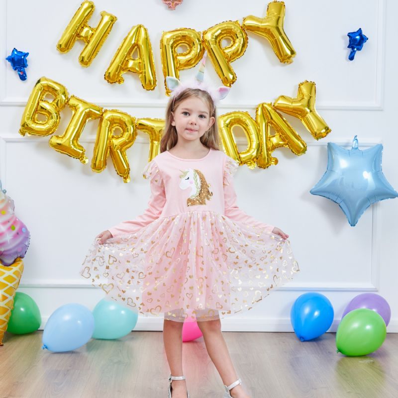 Piger Prinsessekjole Unicorn Pailletter Langærmet Efterårskjole Børnefødselsdagsfest Bryllupstylkjole