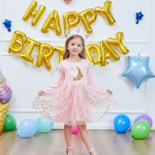 Piger Prinsessekjole Unicorn Pailletter Langærmet Efterårskjole Børnefødselsdagsfest Bryllupstylkjole