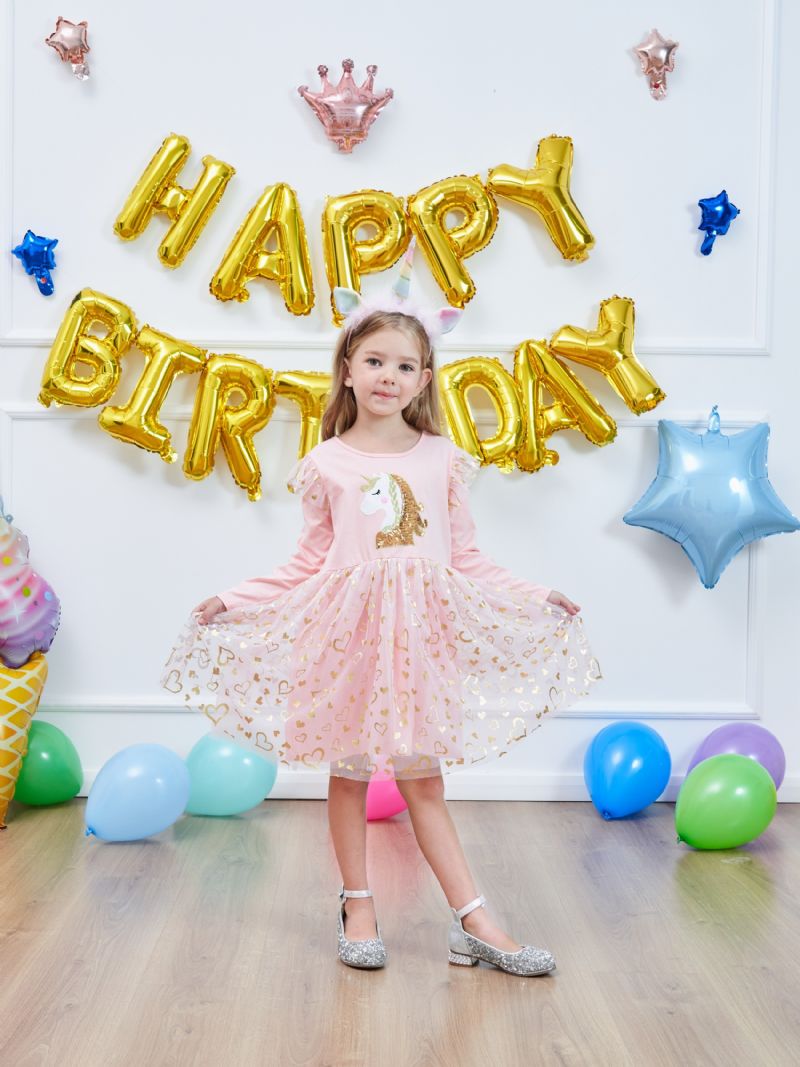 Piger Prinsessekjole Unicorn Pailletter Langærmet Efterårskjole Børnefødselsdagsfest Bryllupstylkjole