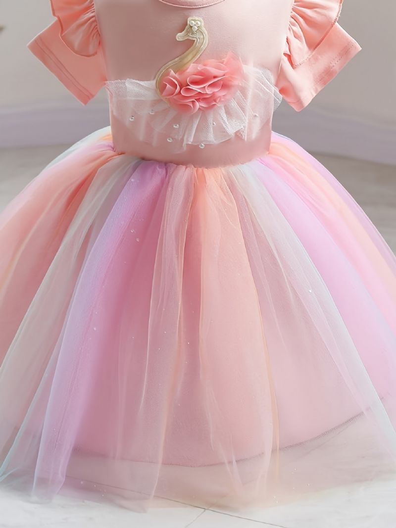 Piger Rainbow Mesh Kjole Kortærmet Flueærmet Tutu Prinsesse Børnetøj