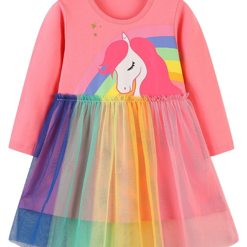 Piger Rainbow Unicorn Pattern Mesh Dress Børnetøj