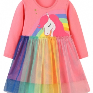 Piger Rainbow Unicorn Pattern Mesh Dress Børnetøj