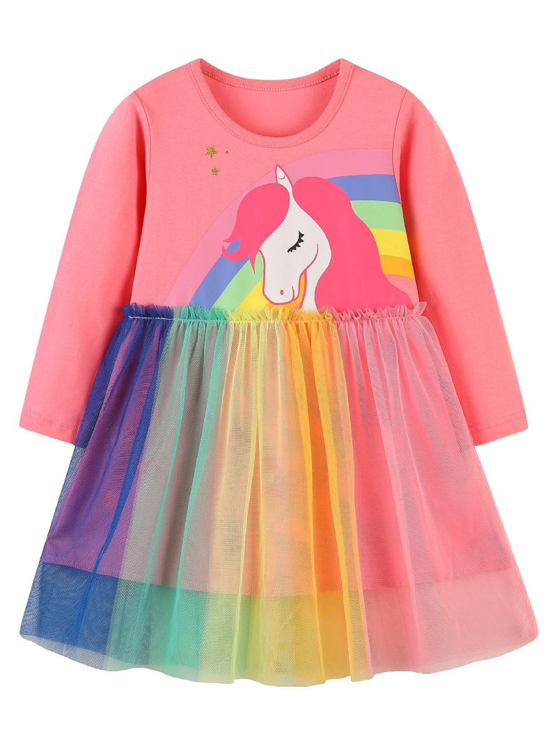 Piger Rainbow Unicorn Pattern Mesh Dress Børnetøj