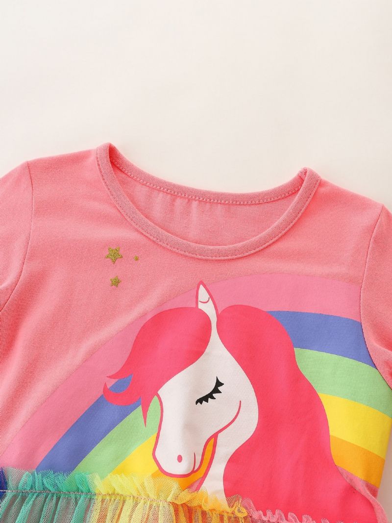 Piger Rainbow Unicorn Pattern Mesh Dress Børnetøj