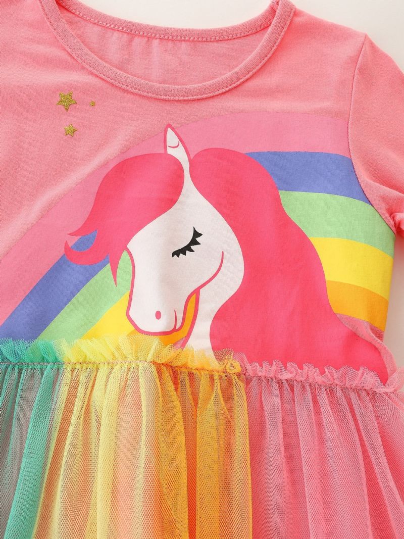 Piger Rainbow Unicorn Pattern Mesh Dress Børnetøj