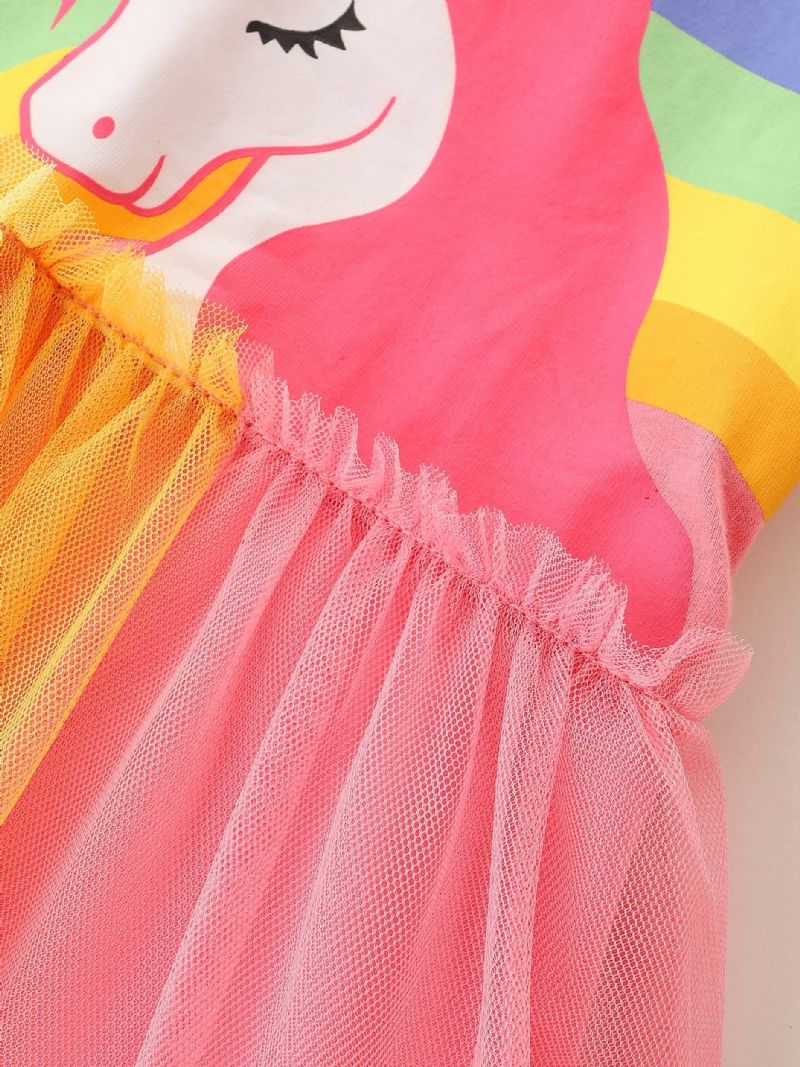 Piger Rainbow Unicorn Pattern Mesh Dress Børnetøj
