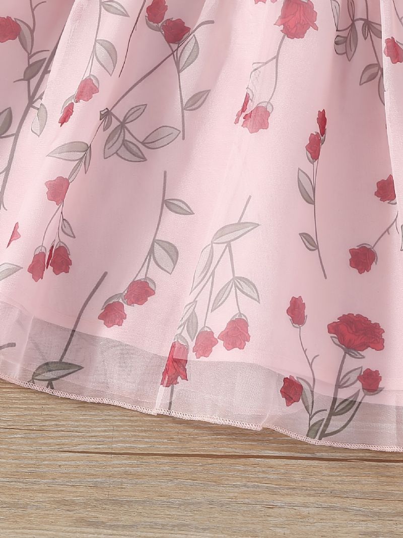 Piger Rose Print Kjole Ærmeløs Rundhalset Børnetøj Sommer
