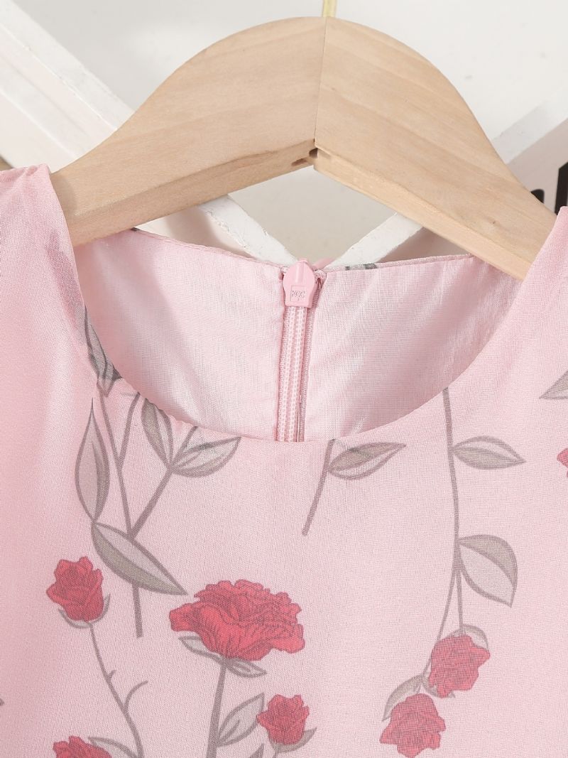 Piger Rose Print Kjole Ærmeløs Rundhalset Børnetøj Sommer