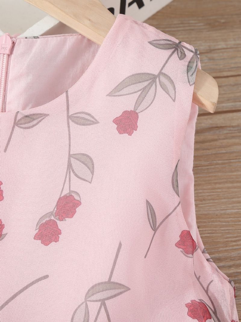 Piger Rose Print Kjole Ærmeløs Rundhalset Børnetøj Sommer