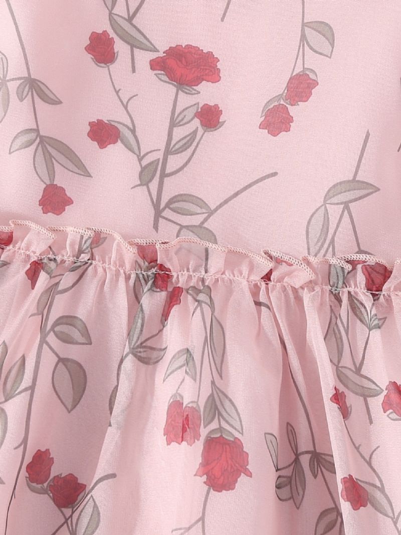 Piger Rose Print Kjole Ærmeløs Rundhalset Børnetøj Sommer