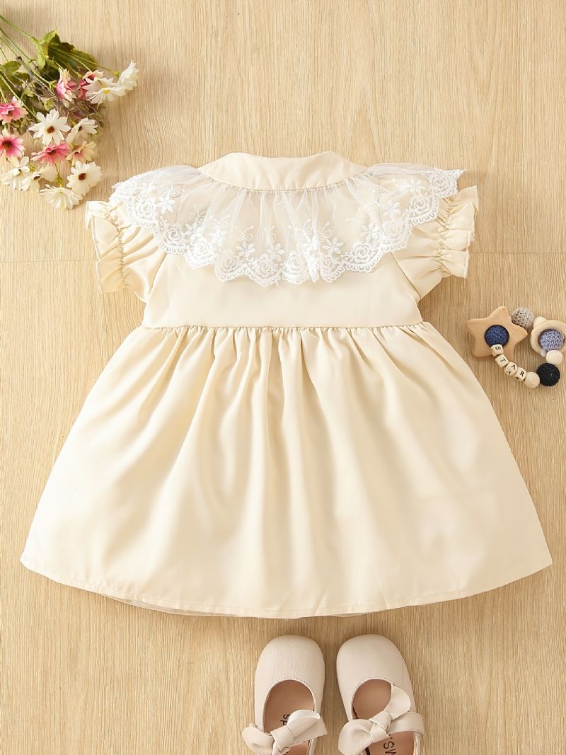 Piger Rund Krave Puffy Sleeve Dress Børnetøj Med Blonder