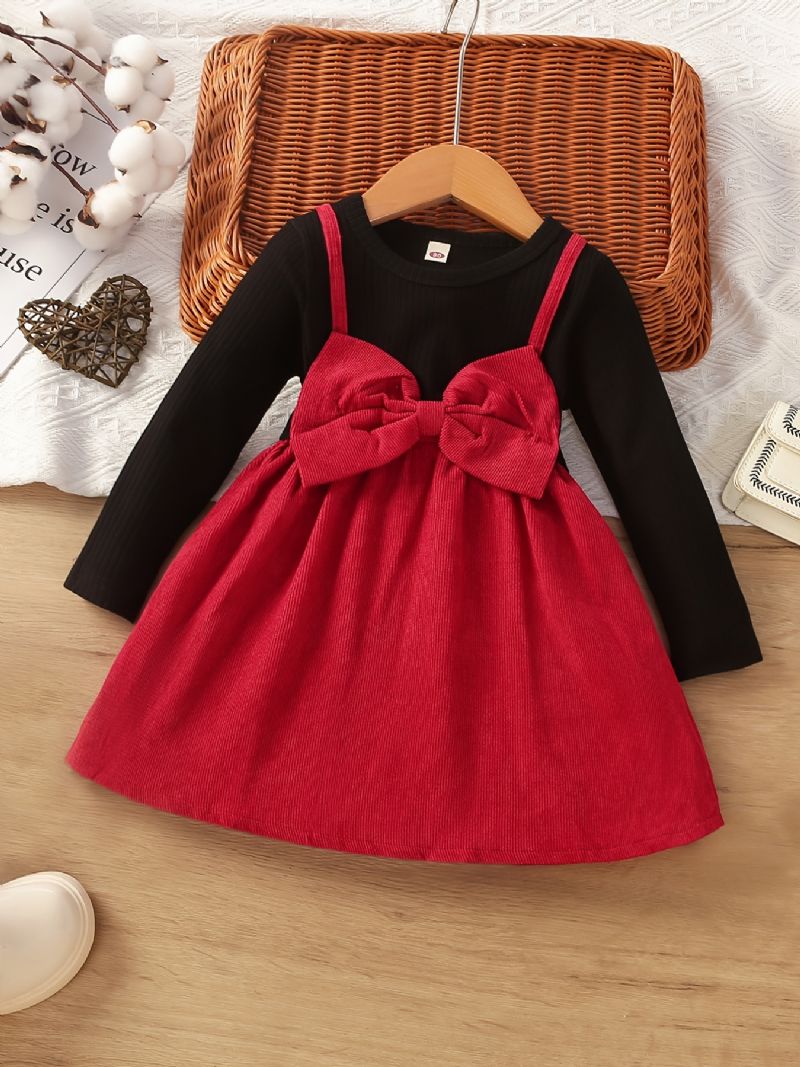 Piger Sløjfe Decor Dress Langærmet Top & Suspender Nederdel 2-i1-kjole Vinterny Julekjole