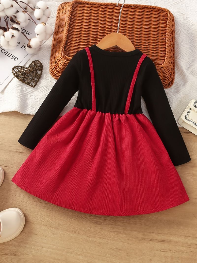 Piger Sløjfe Decor Dress Langærmet Top & Suspender Nederdel 2-i1-kjole Vinterny Julekjole