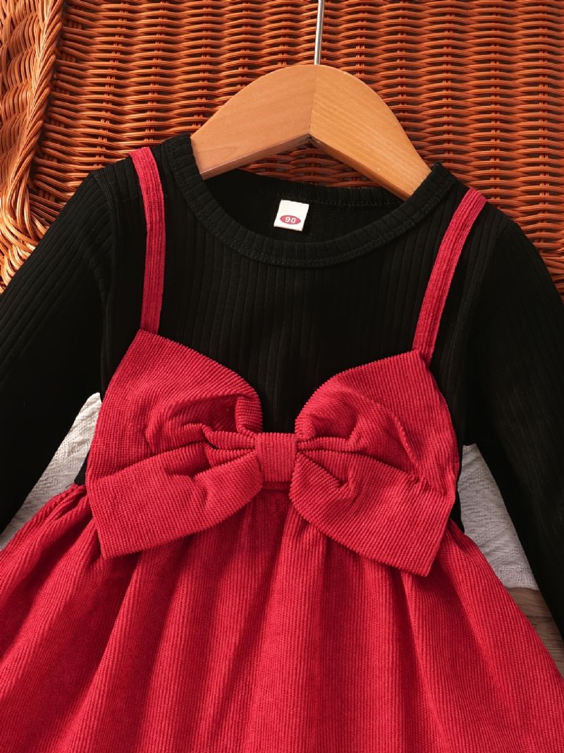 Piger Sløjfe Decor Dress Langærmet Top & Suspender Nederdel 2-i1-kjole Vinterny Julekjole