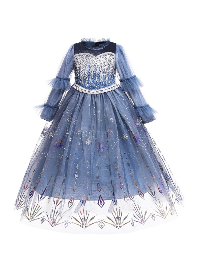 Piger Snowflake Print Mesh Langærmet Elsa Princess Kjole Børnetøj Til Jul
