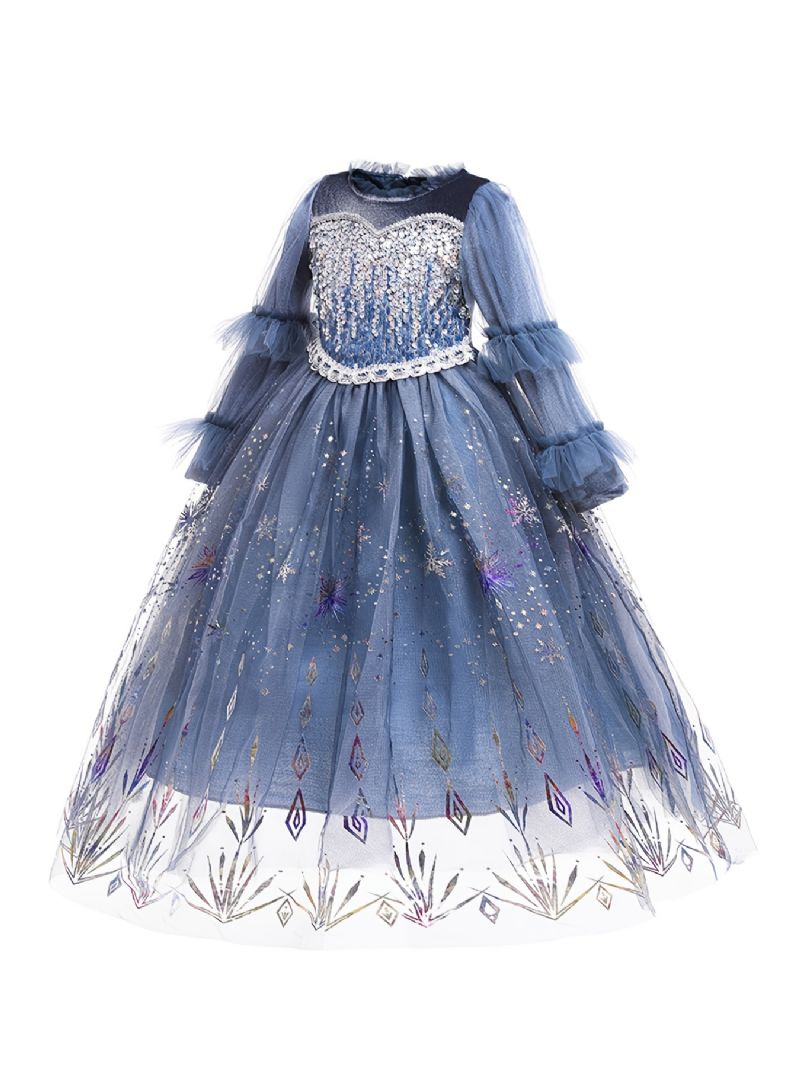 Piger Snowflake Print Mesh Langærmet Elsa Princess Kjole Børnetøj Til Jul