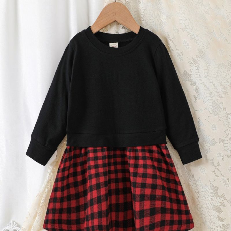 Piger Sort Langærmet Plaid Print Kjole