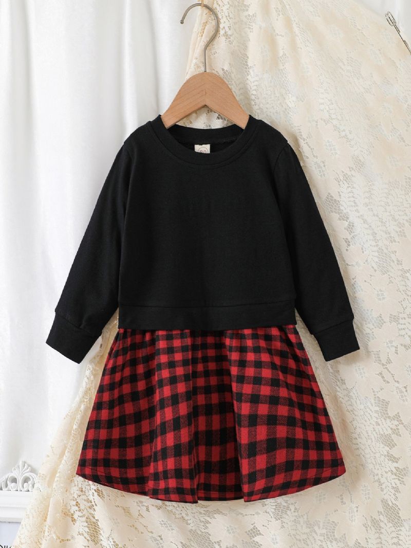 Piger Sort Langærmet Plaid Print Kjole