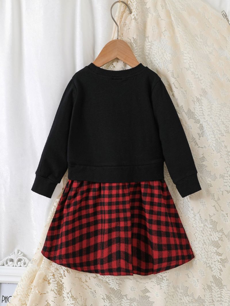 Piger Sort Langærmet Plaid Print Kjole