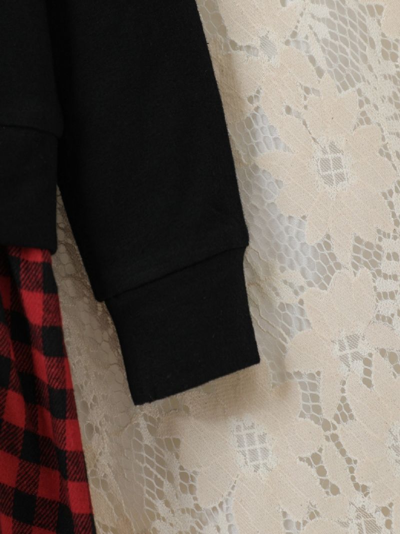 Piger Sort Langærmet Plaid Print Kjole