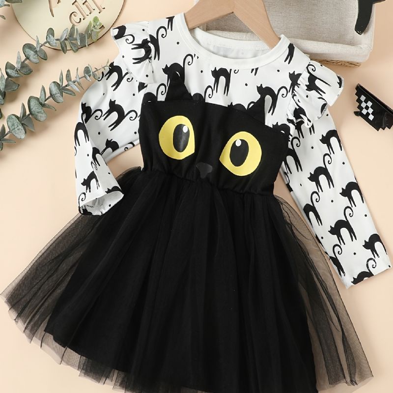 Piger Thanksgiving Christmas Outfit Mesh-kjole Med Sød Sort Katteprint