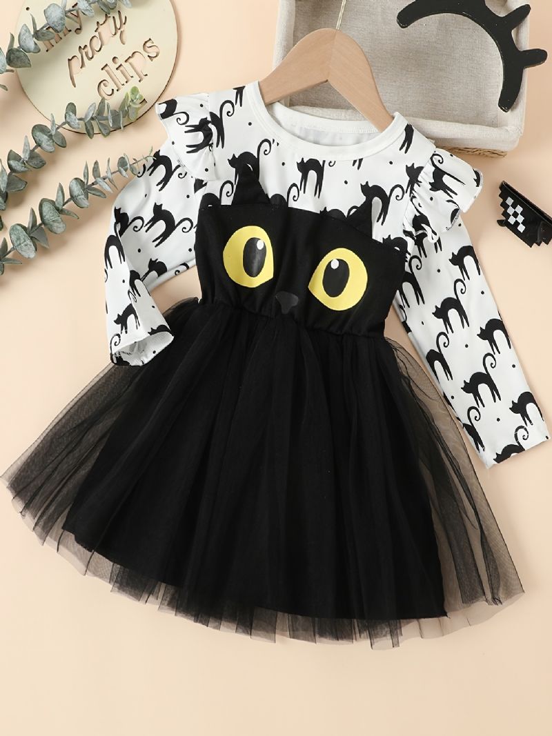Piger Thanksgiving Christmas Outfit Mesh-kjole Med Sød Sort Katteprint