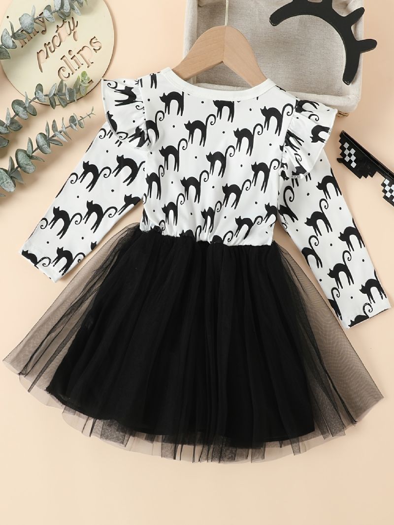 Piger Thanksgiving Christmas Outfit Mesh-kjole Med Sød Sort Katteprint