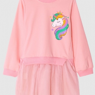 Piger Unicorn Print Pink Tulle Mesh Kjole Børnetøj