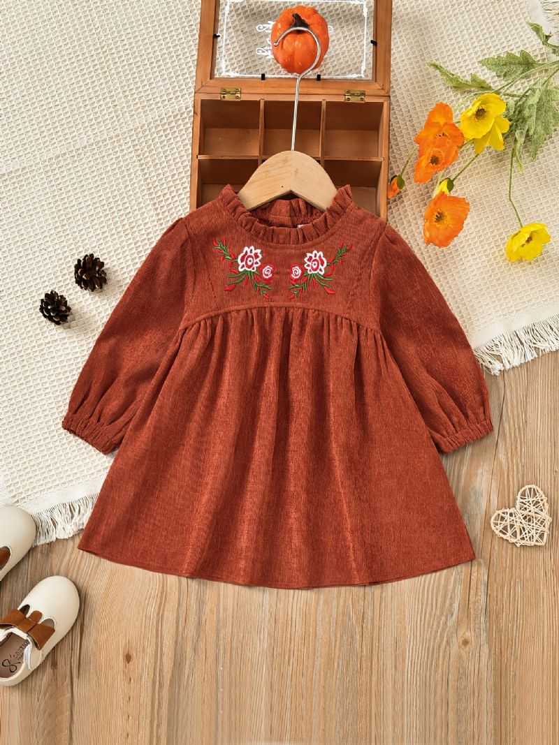 Piger Vintage Blomster Broderet Corduroy Kjole Langærmet Flæsehals Prinsesse Til Efterår Vinter