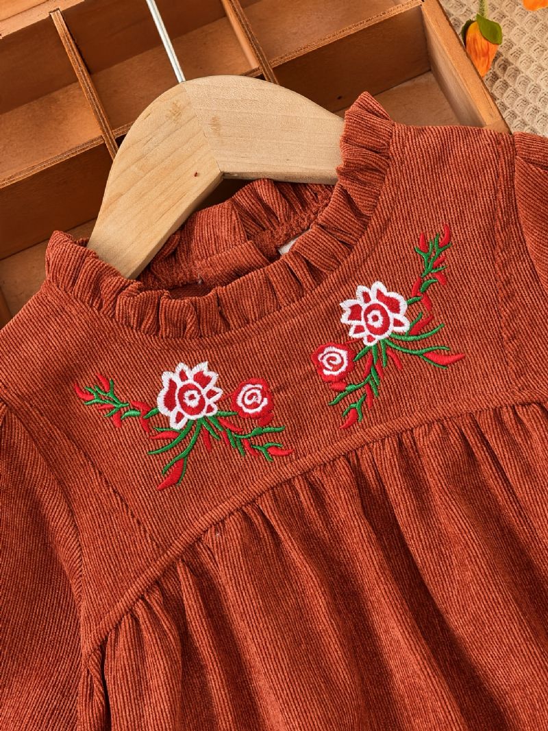 Piger Vintage Blomster Broderet Corduroy Kjole Langærmet Flæsehals Prinsesse Til Efterår Vinter