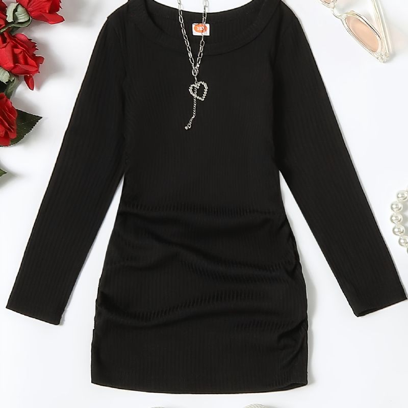 Piges Ensfarvede Elegante Mode Slim Fit Pit Strip Langærmet Kjole Til Efterår Og Vinter