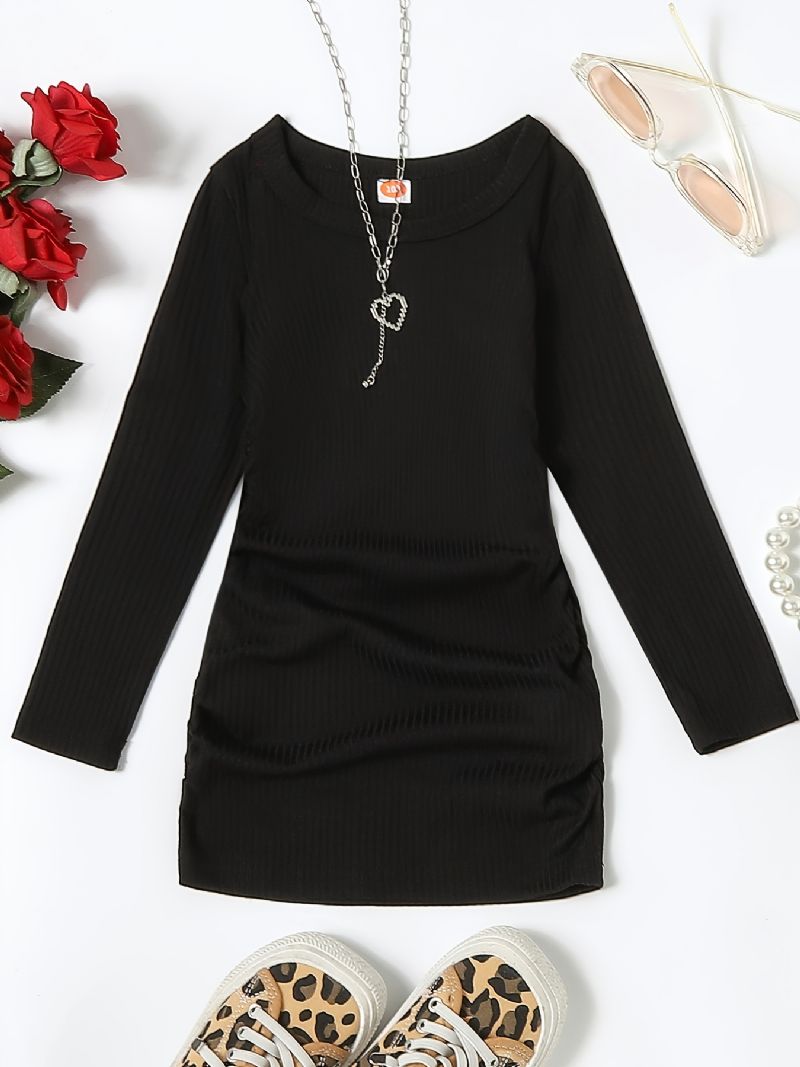 Piges Ensfarvede Elegante Mode Slim Fit Pit Strip Langærmet Kjole Til Efterår Og Vinter