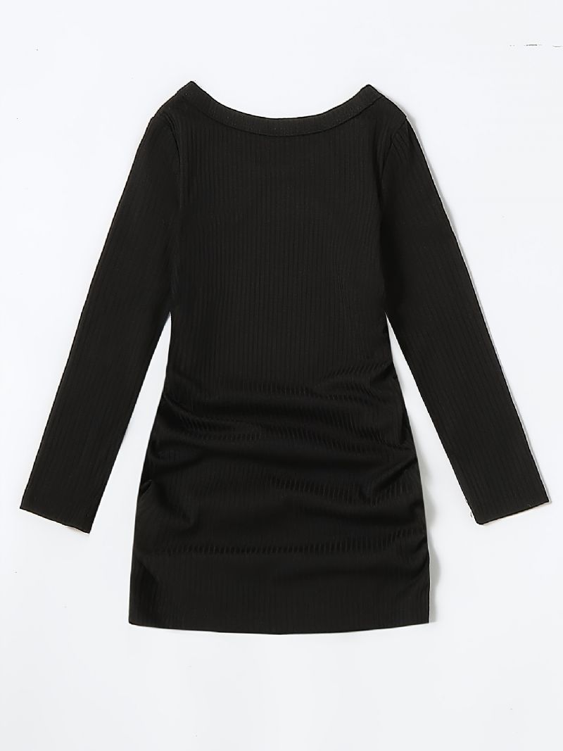 Piges Ensfarvede Elegante Mode Slim Fit Pit Strip Langærmet Kjole Til Efterår Og Vinter