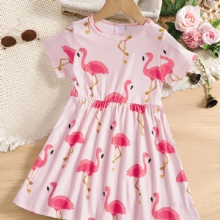 Pink Flamingo Print Kortærmet Kjole Til Piger