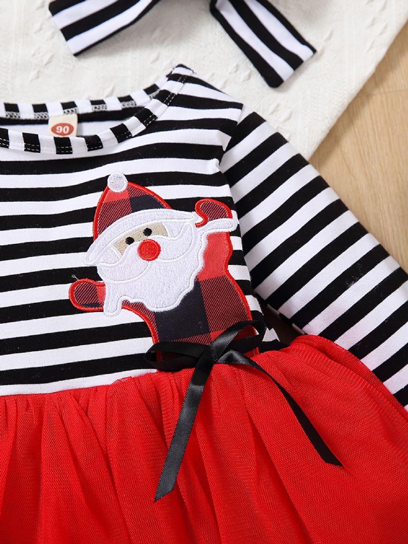 Småbørn Baby Pige Stribet Langærmet Julefest Julemand Broderet Kjole + Pandebånd 2 Stk Sæt