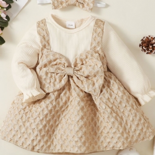 Småbørn Babypiger Splejsekjole Langærmet Sløjfe-kjole Med Rund Hals Og Pandebånd Børnetøj