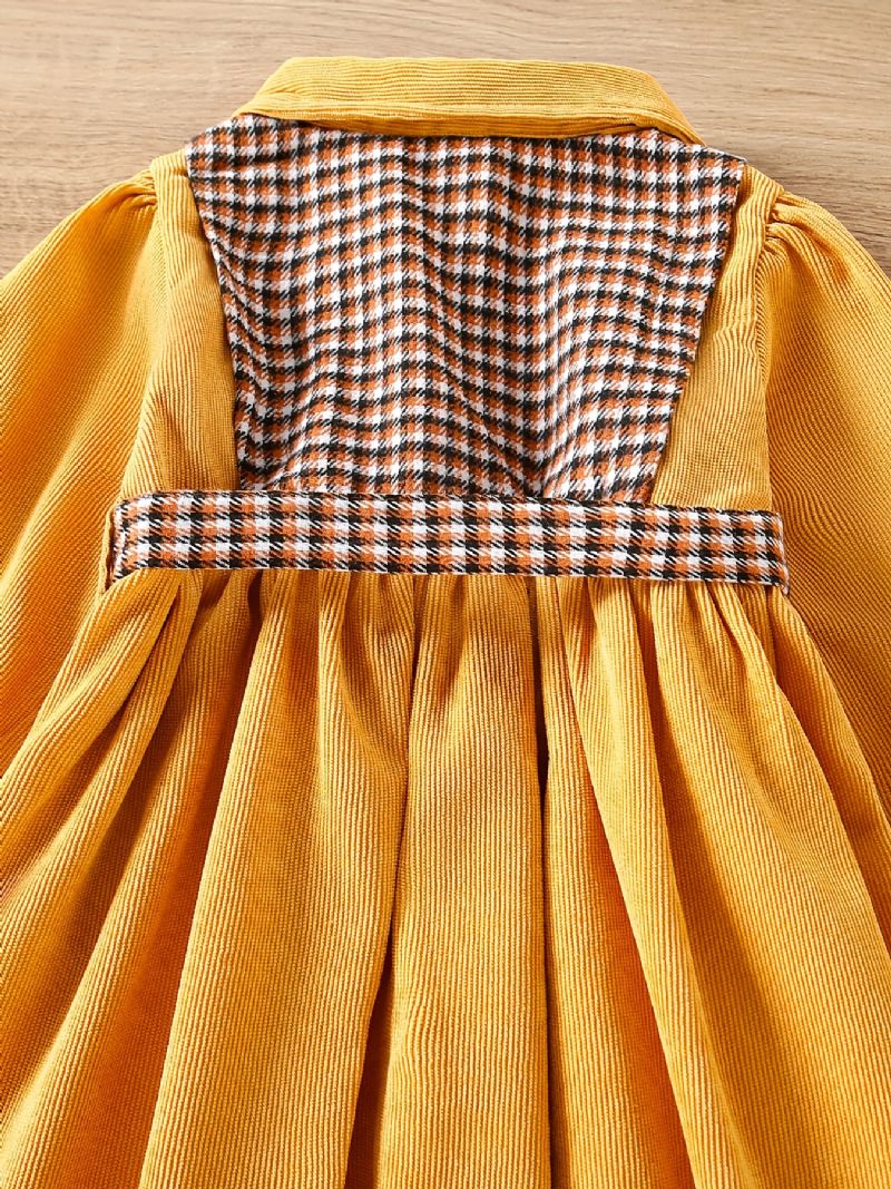 Småbørnspiger Plaid Corduroy Kjole Langærmede Revers Vintage Patchwork
