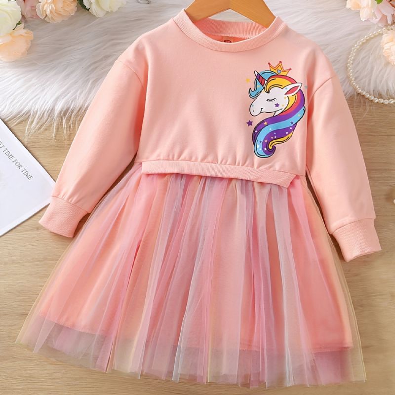 Småbørnspiger Prinsessekjole Langærmet Rundhalset Unicorn Print Mesh Kjole