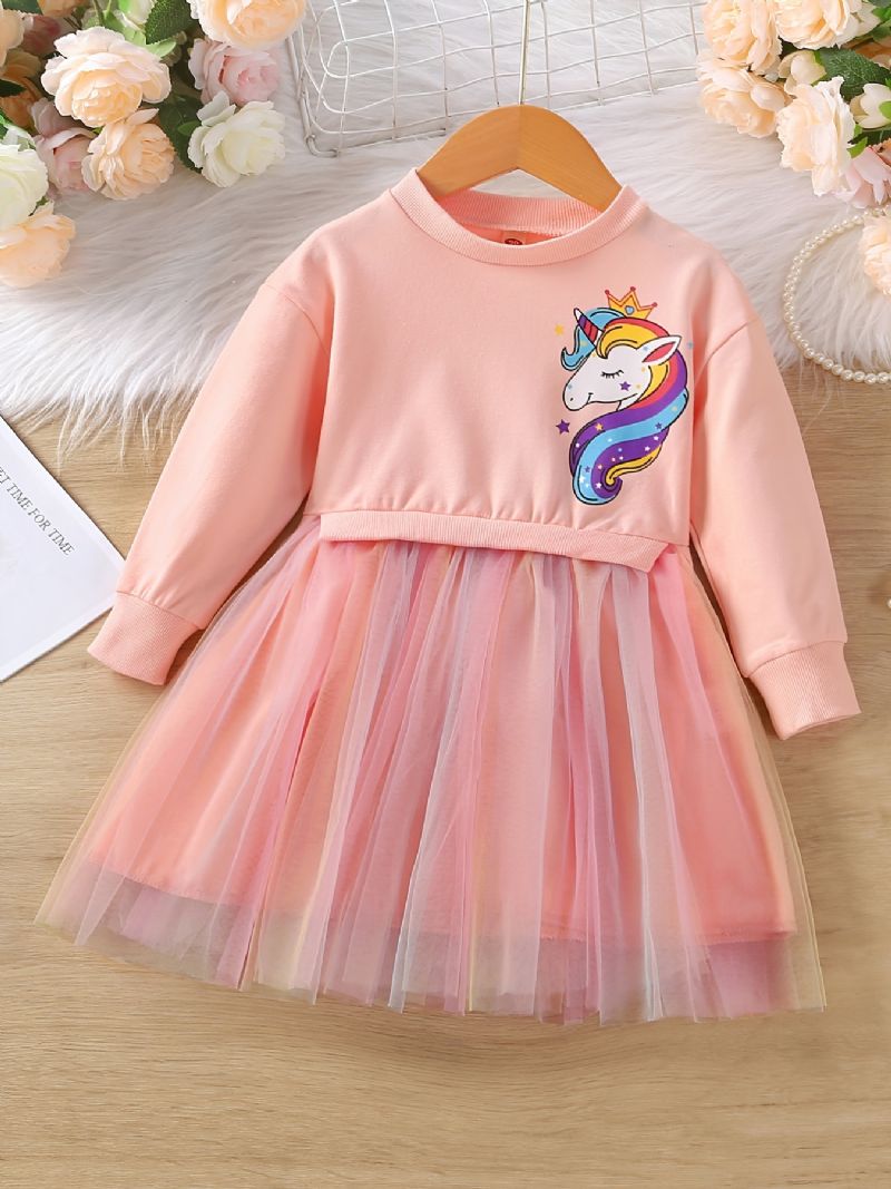 Småbørnspiger Prinsessekjole Langærmet Rundhalset Unicorn Print Mesh Kjole