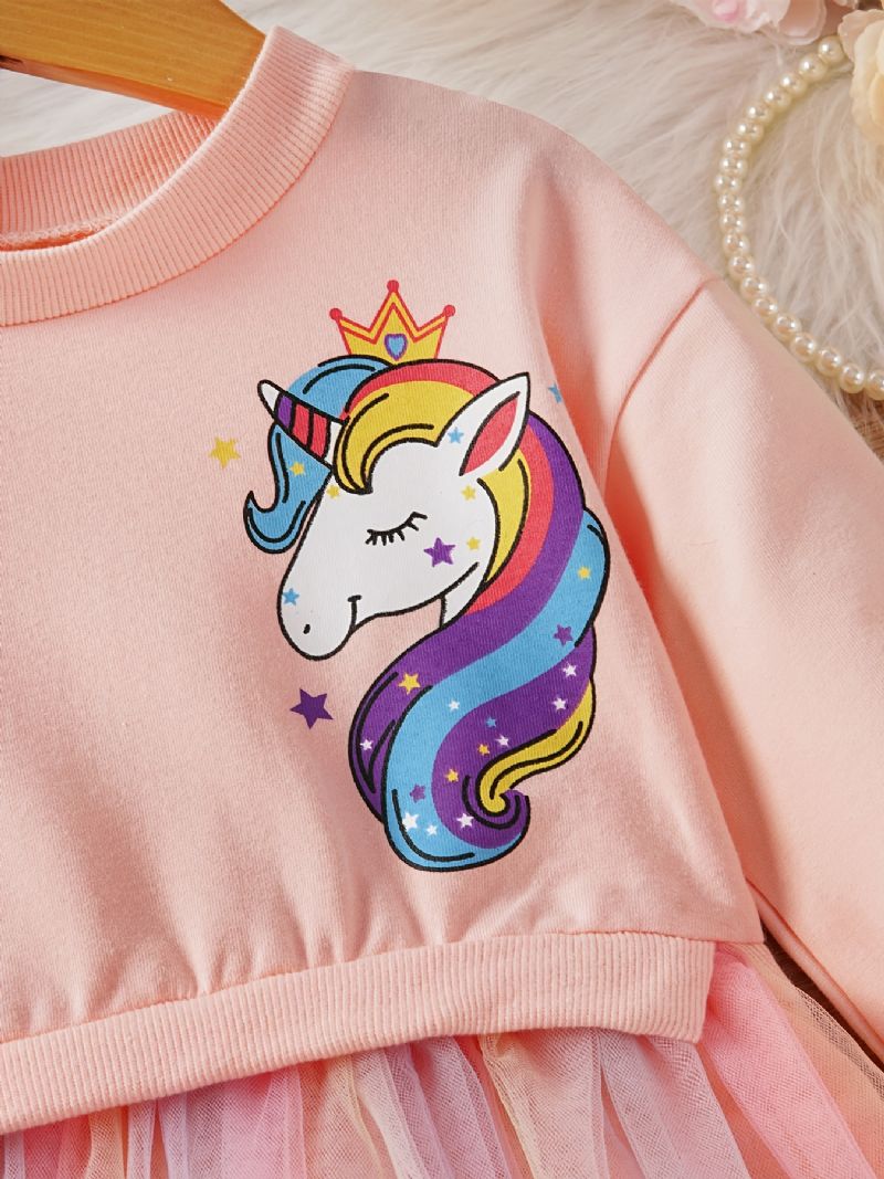 Småbørnspiger Prinsessekjole Langærmet Rundhalset Unicorn Print Mesh Kjole
