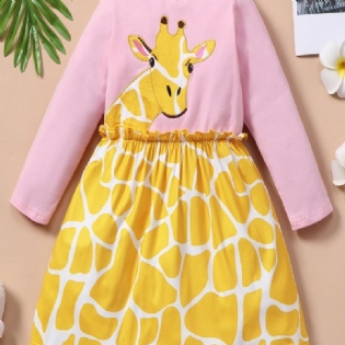 Sød Tegneserie Langærmet Giraf-kjole Med Rund Hals Pink Top Åndbar Behagelig Skjorte Nederdel Letvægts Pigekjole Blød Elegant Bluse