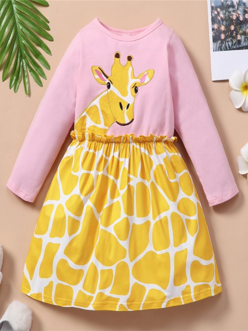 Sød Tegneserie Langærmet Giraf-kjole Med Rund Hals Pink Top Åndbar Behagelig Skjorte Nederdel Letvægts Pigekjole Blød Elegant Bluse